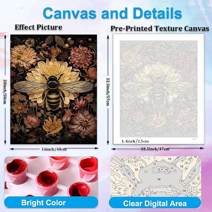 Artunion Bee Paint by Numbers Kit for Adults,Flower Paint by Number Kits, DIY Oil Painting Paint by Number Kits on Canvas Arts Craft for Home Wall Decor 16x20 Inch