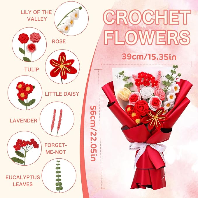 Iuuidu Crochet Kit for Beginners, Flower Bouquet Crochet Kit Rose Red