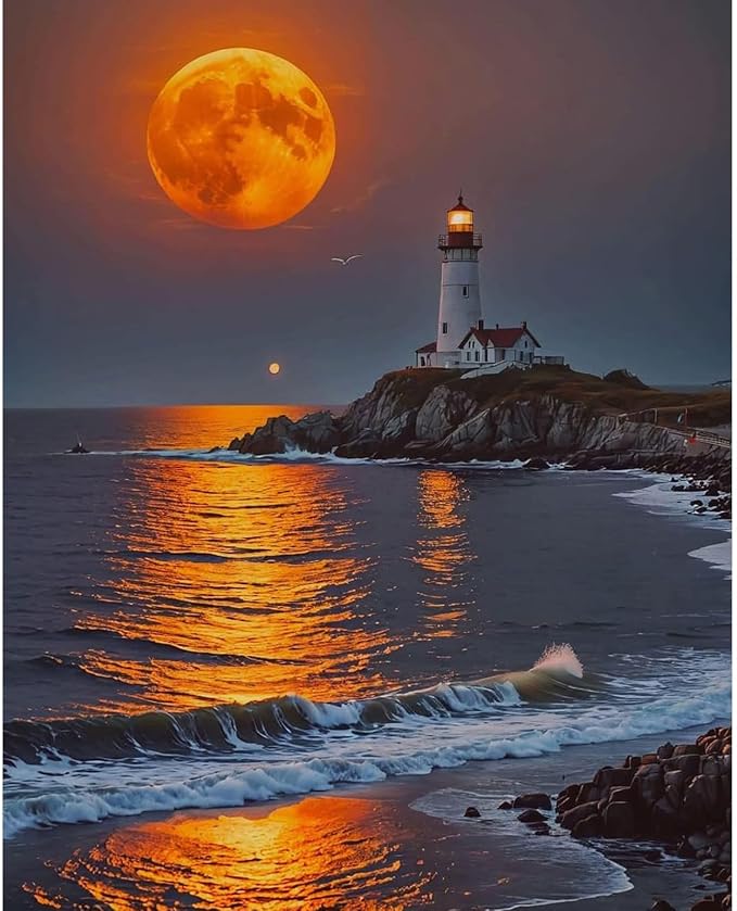 Fountor Moon Paint by Numbers Kit for Adults Beginner 16x20 Inch | DIY Acrylic Painting by Numbers Lighthouse, Without Frame Canvas, Stress Relief Craft Kits, For Home Decor Gift