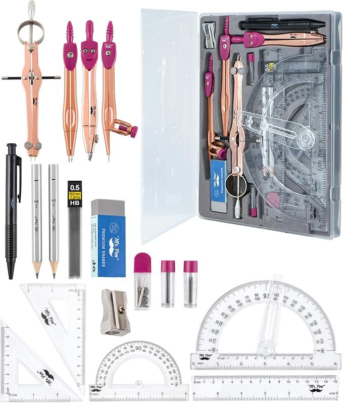Mr. Pen- Geometry Set, 15 pcs, Rose Gold & Pink | 6 Inch Swing Arm Protractor, Divider, Set Squares, Ruler, Compasses and Protractor