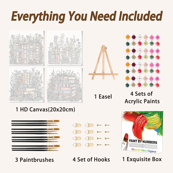 AUKELHJ 4 Pack Framed Paint by Numbers Kit for Adults, Book, 8x8 inch