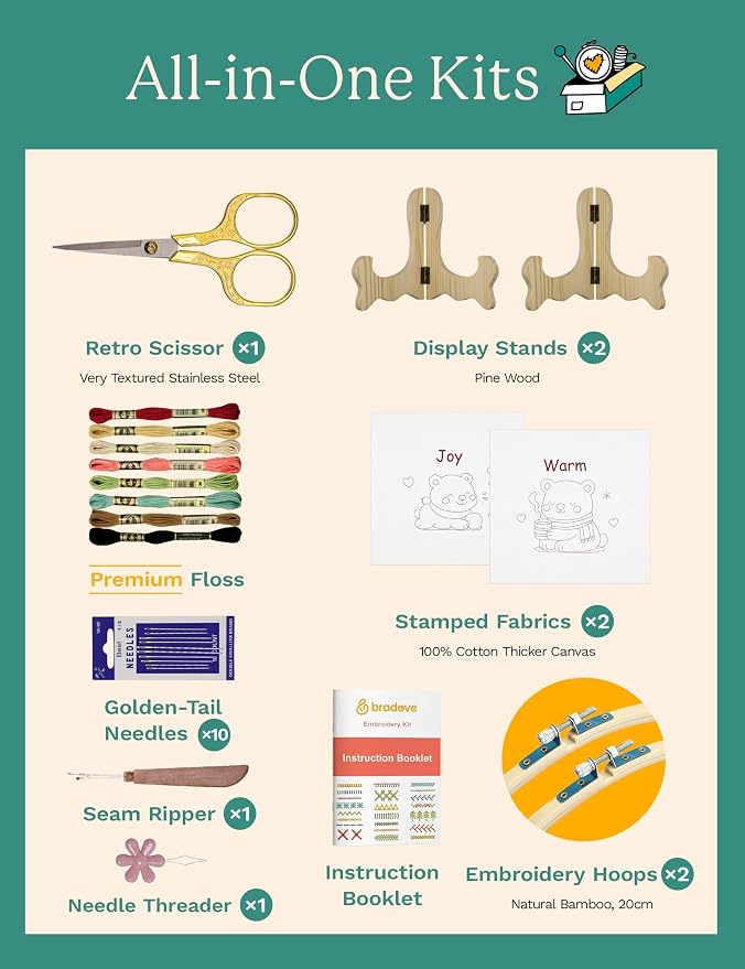 Bradove Bears Embroidery Kit for Beginners with Patterns | Beginner Embroidery Kit for Adults and Kids, Hand Embroidery for Beginners, Learn to Embroider Kit Adult Beginner