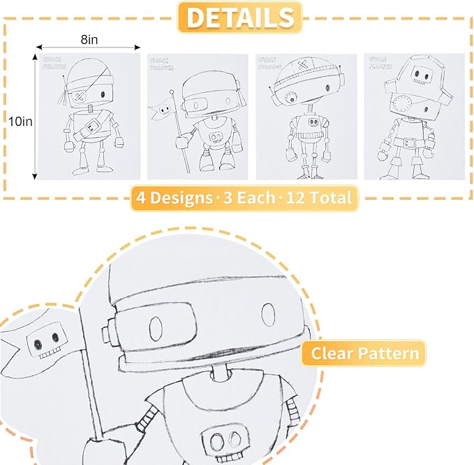 Pre Drawn Painting Canvas for Painting, 8x10 Inch Canvas Boards 12 Pack (Space Pirate Robot Designs), Canvas Panels for Acrylic Paint, Watercolor, Markers & DIY Craft Projects