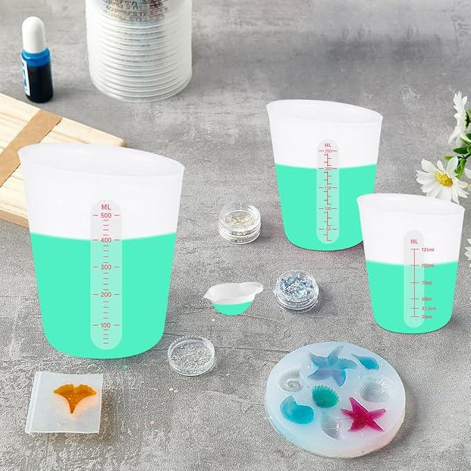 6 PCS Silicone Cup Set, 500ml, 250ml and 125ml for Epoxy Silicone Measuring Cups, Non-Stick Mixing Cups, Casting Molds, Jewelry Making,with Marking Ounces/ml