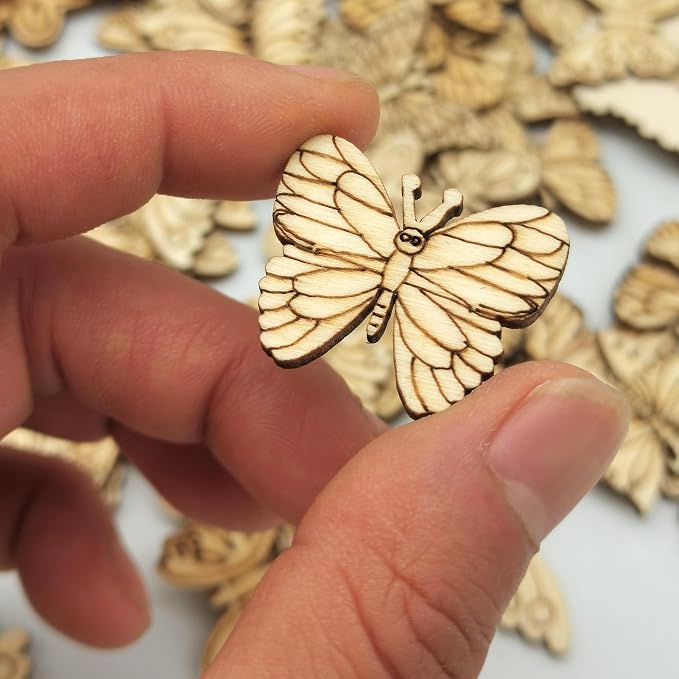 DIYOMR 200Pcs Unfinished Wood Pieces Hollow Wooden Art Decor, Vintage Embellishments Decorative Accessories for Scrapbooking Crafts DIY Home Decor (Butterflies)