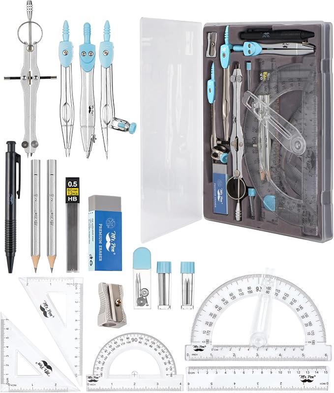 Mr. Pen- Geometry Set, 15 pcs, Light Blue, 6 Inch Swing Arm Protractor | Divider, Set Squares, Ruler, Compasses and Protractor