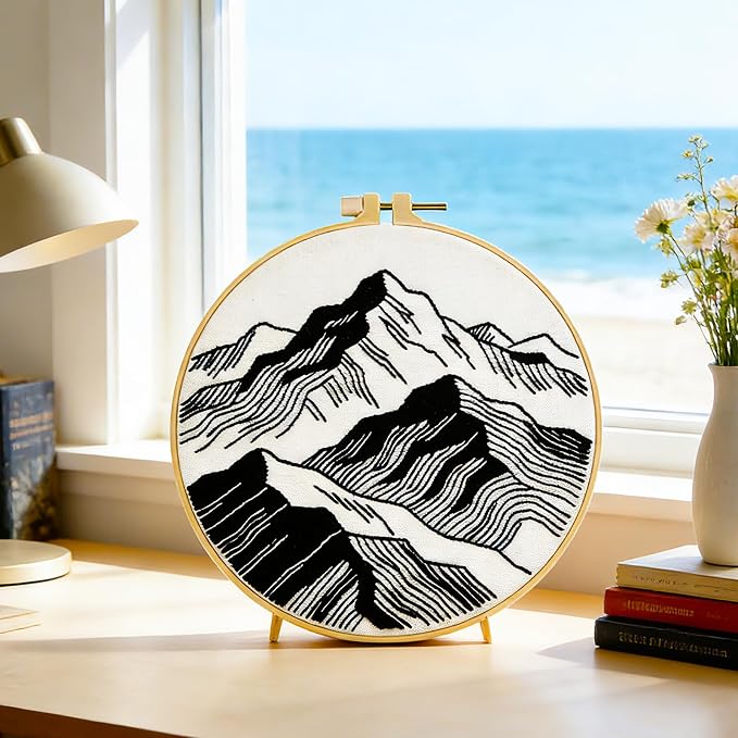 BEUNITONE 6PCS Beginner Embroidery Kit for Adults, Minimalist Black and White Style Pre-Stamped Pattern Needlepoint Kits with Hoops & Instruction, Hand Embroidery Kits for Fabric and Home Decor 7.9"