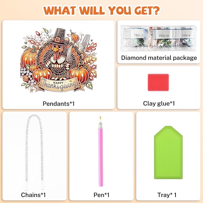 Bowetile Turkey Diamond Art Hanging Kits for Adults, Thanksgiving Diamond Art Suncatchers, 5D Halloween Pumpkin Diamond Painting Pendant Window Ornament Gifts for Home Door Wall Decor