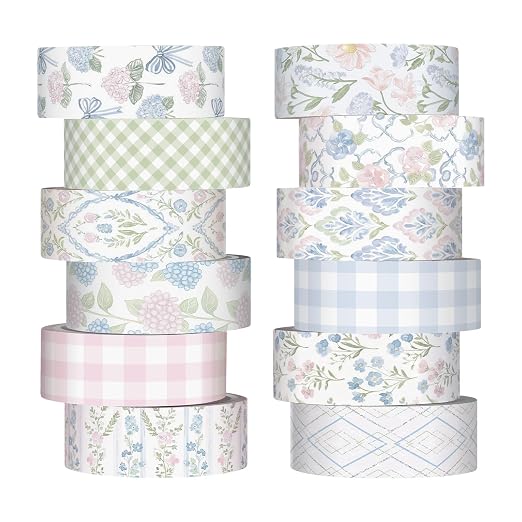 12 Rolls Floral Washi Tape Set,Pink and Blue,Flowers | Watercolor Flowers Design for Scrapbook Journal DIY Craft School Supplies, 15 mm Vintage Decorative Masking Washi Tapes