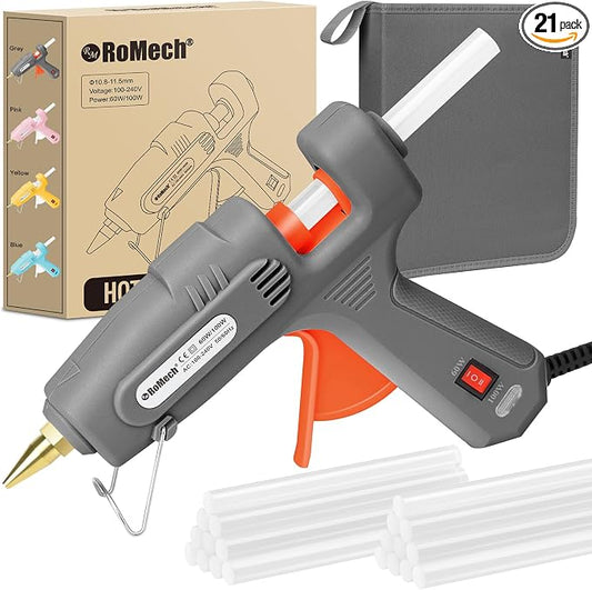 ROMECH Full Size Hot Glue Gun with 60/100W Dual Power and 21 Hot Glue Sticks (7/16"), Fast Preheating Heavy Duty Industrial Gluegun with Storage Case for Crafting, DIY and Repairs (Gray)
