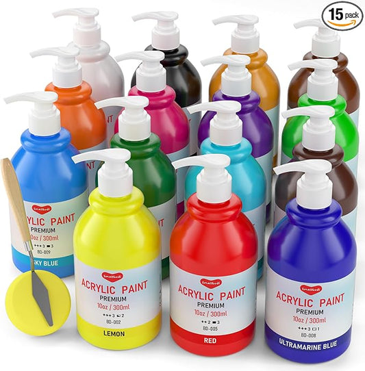 Smallbudi 15 Colors Large Bulk Acrylic Paint Set 10 oz/300 ml for Artists | Rich Pigment Art Painting Supplies Non Toxic Acrylic Kit for Kid & Adult Painting on Canvas Wood Fabric Rock Craft, with Pump