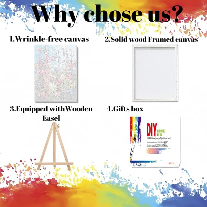 Hutarosl Flowers Paint by Numbers with Frame for Adults - with Wooden Easel,Adult Paint by Number,Flowers Canvas Paint by Numbers for Adults,Gifts and Home Decor 12x16inch