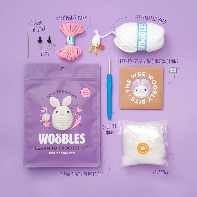 The Woobles Crochet Kit for Beginners (JoJo the Bunny) | As seen on Shark Tank, Kit includes: Easy Peasy Yarn, pre-started piece, hook, safety eyes, stuffing, video tutorials