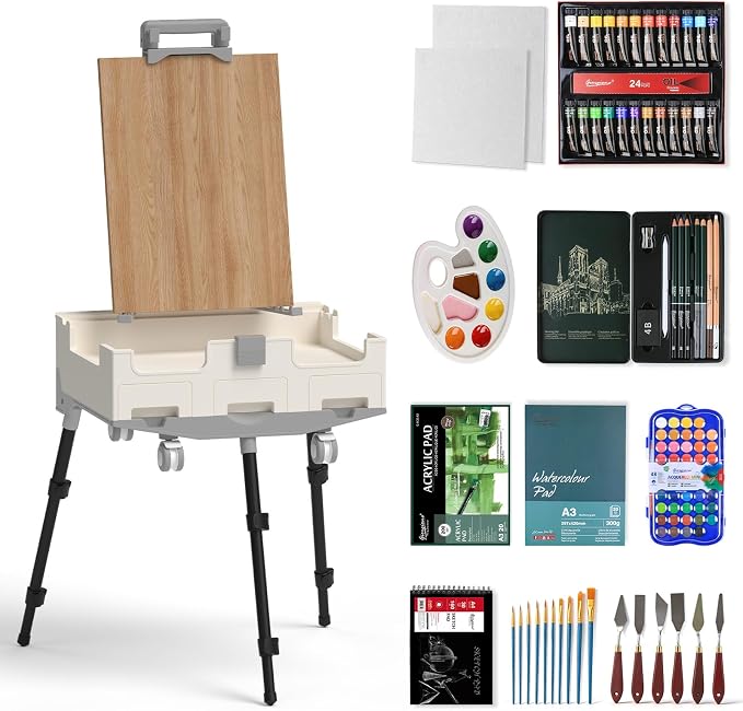 Art Painting Kit with Mobile Storage Easel, Acrylic Watercolor Oil Paint Set, All-in-One Drawing Art Supplies with Brushes Canvas for Beginners Adults Artists
