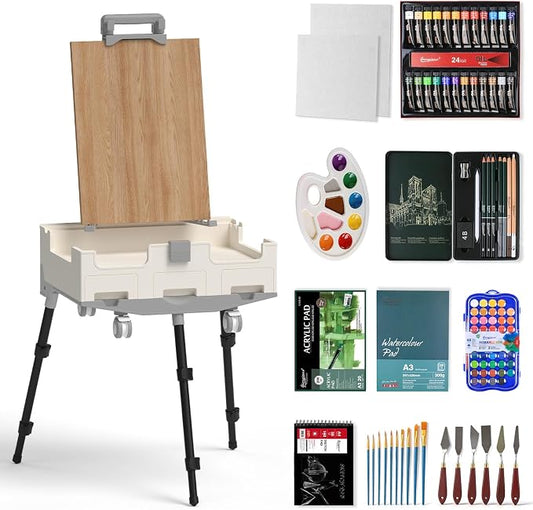 Art Painting Kit with Mobile Storage Easel, Acrylic Watercolor Oil Paint Set, All-in-One Drawing Art Supplies with Brushes Canvas for Beginners Adults Artists