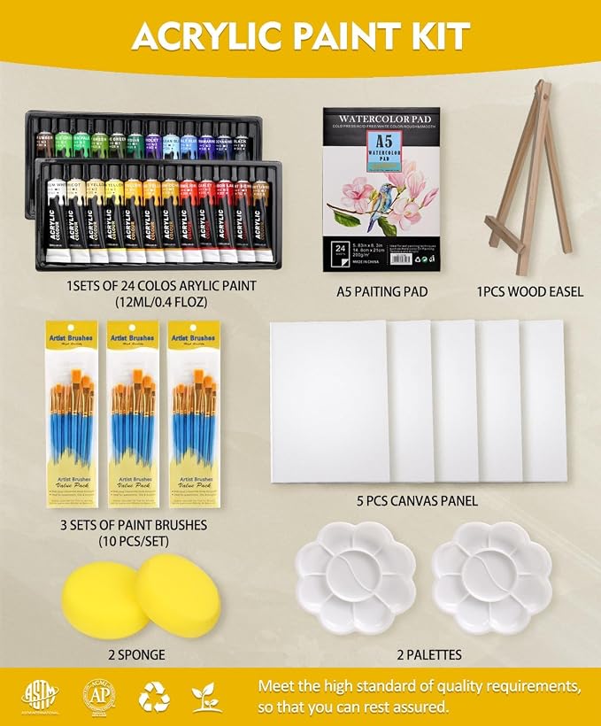 Colorful Acrylic Painting Kit, 24 Colors Paint Set with Brushes & Easel | Smooth blending, versatile art supplies for canvas painting, crafts, home project &creative gifts for beginners &artists