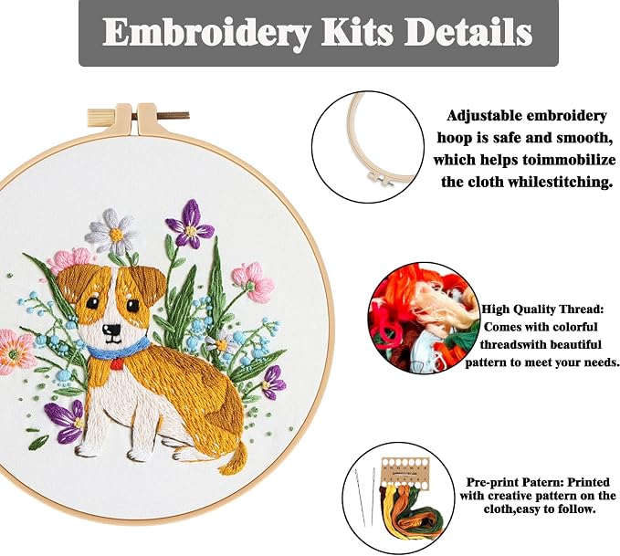 GLTAYLMY Dogs Embroidery Kit for Beginners with Pattern and Instructions,3 Pack Cross Stitch Kits,1 Plastic Embroidery Hoops,Threads and Needles,Needlepoint Kit for Adults