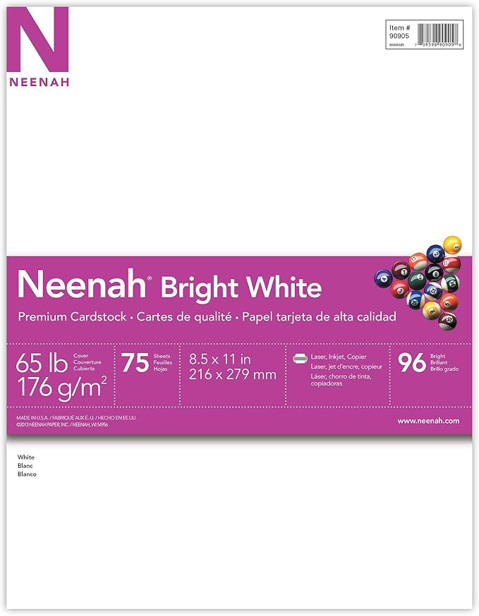 Astrobrights/Neenah Bright White Cardstock, 8.5" x 11", 65 lb, 75 Sheets | 96 Brightness, Smooth Premium Finish