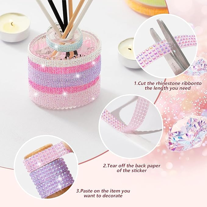 15-Yard Bedazzling Strips, 15-Rolls Rhinestone Ribbon Self Adhesive, 15 Colors Bedazzling Kit, Rhinestones for Crafting, Rhinestone Strips for DIY Craft, 15S2