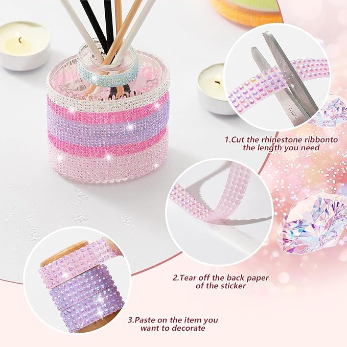 15-Yard Bedazzling Strips, 15-Rolls Rhinestone Ribbon Self Adhesives, 15 Colors Bedazzling Kit, Rhinestones for Crafting, Rhinestone Strips for DIY Craft
