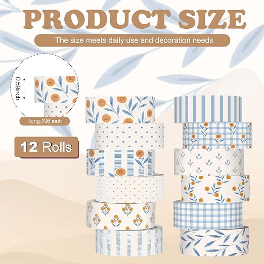 12 Rolls Floral Washi Tape Set,Beige and Blue,Floral Plaid | Watercolor Flowers Design for Scrapbook Journal DIY Craft School Supplies, 15 mm Vintage Decorative Masking Washi Tapes