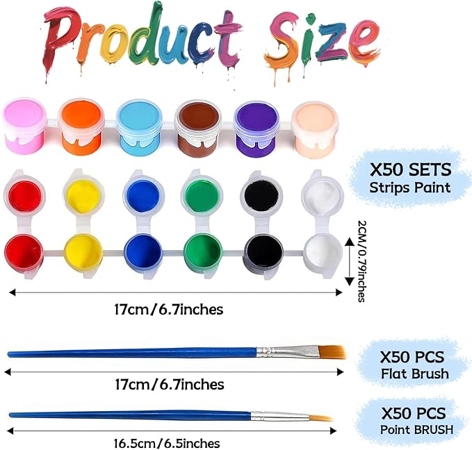 50 Pack Mini Acrylic Paint Set, 12 Colors Washable Paint Strips for Kids & Adults - Includes 100 Brushes, 600 PCS kids Paint Kits for Easter Eggs, Birthday, Classroom Party，school supplies