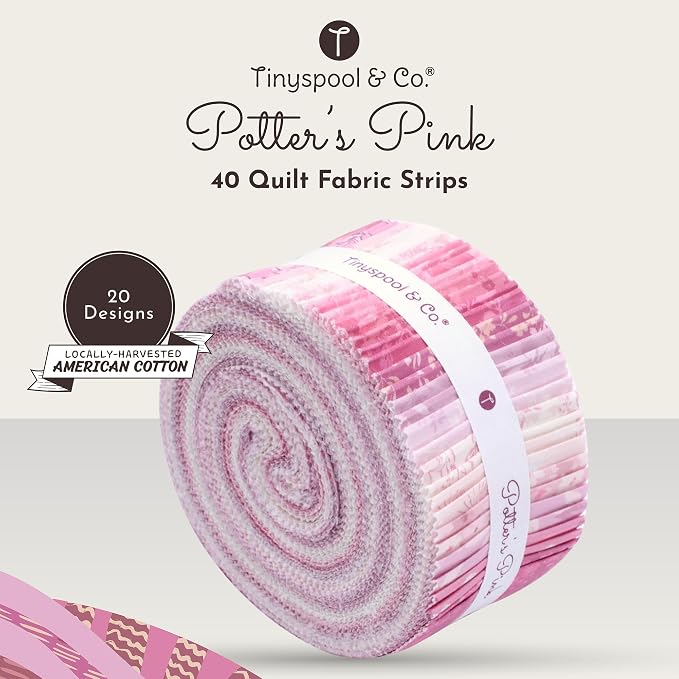 Tinyspool & Co.'s Twirlie Roll 40 Precut Quilting Fabric Strips for Quilting Supplies, Crafting, Sewing, Soft Cotton Strip for Blanket, Rug, Upholstery, Home Decor, and Purse Making, Potter’s Pink