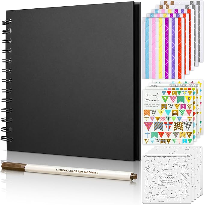 GOTIDEAL 7 x 7 Inch Scrapbook Album with Metallic Markers, Black, 40 Pages | Kraft Paper Photo Albums for Wedding & Anniversary, Family DIY Scrap Books with Scrapbooking Stickers Corners