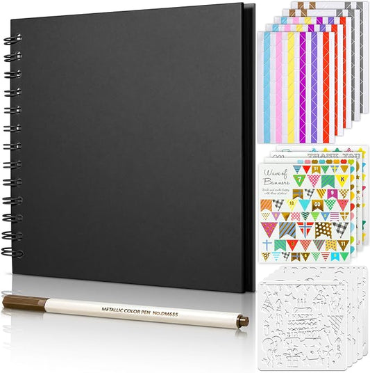 GOTIDEAL 8 x 8 Inch Scrapbook Album with Metallic Markers, Black, 40 Pages | Kraft Paper Photo Albums for Wedding & Anniversary, Family DIY Scrap Books with Scrapbooking Stickers Corners