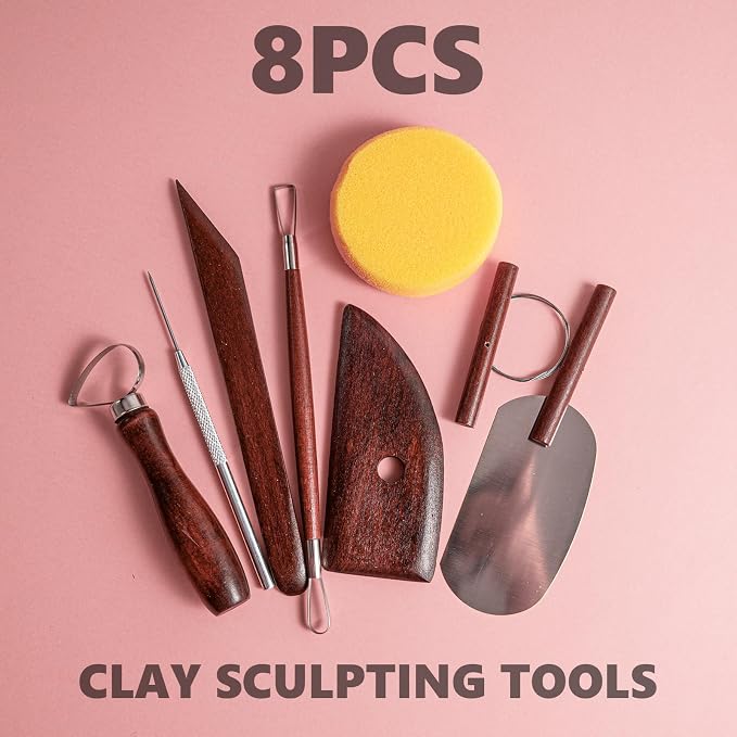 8PCS Stained Wooden Pottery Sculpting Tools, Wood Clay Cleaning Tool Set, Ceramic Modeling Tool for Carving, Molding, Cutting, Trimming, Pottery Wheel, Crafting, Beginners, Adults, Students