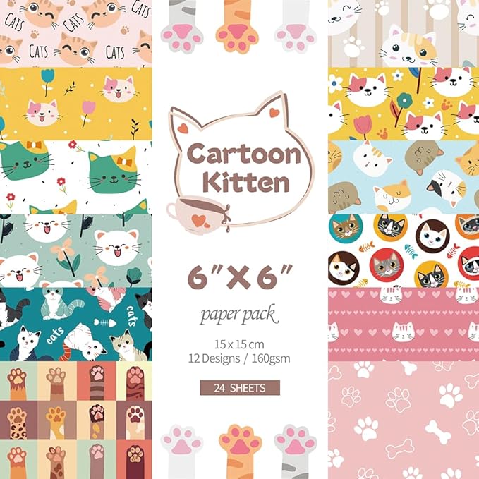6x6" Cardstock Single Sided Scrapbooking,Craft Decorative Scrap Book Paper | 160gsm,24-Sheet 12Patterns Colored Paper,Junk Journal Supplies,Vivid Origami Papers DIY Craft Gift Wrapping Album. Cat