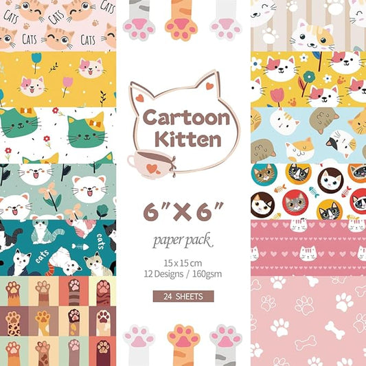 6x6" Cardstock Single Sided Scrapbooking,Craft Decorative Scrap Book Paper | 160gsm,24-Sheet 12Patterns Colored Paper,Junk Journal Supplies,Vivid Origami Papers DIY Craft Gift Wrapping Album. Cat