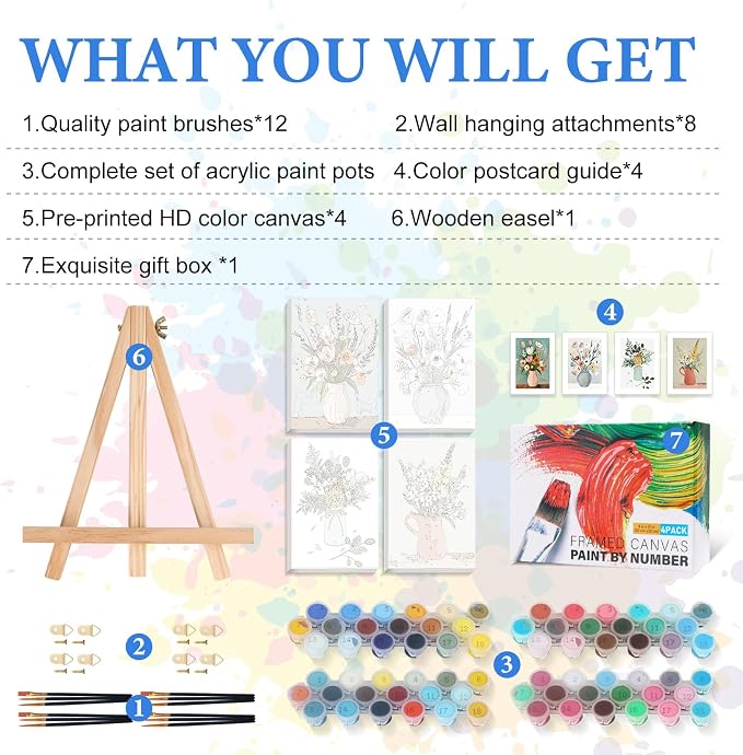 4 Pack Framed Paint by Numbers Kit for Adults with Wooden Easel, Flowers Easy Paint by Number Kits with Frame, DIY Acrylic Watercolor Adult Paint by Number Kits on Canvas for Home Decor 8x12 Inch