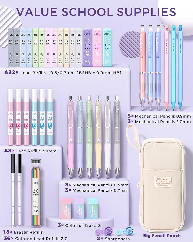 Four Candies 42PCS Mechanical Pencil Set with 696 Lead Refills (Cream)