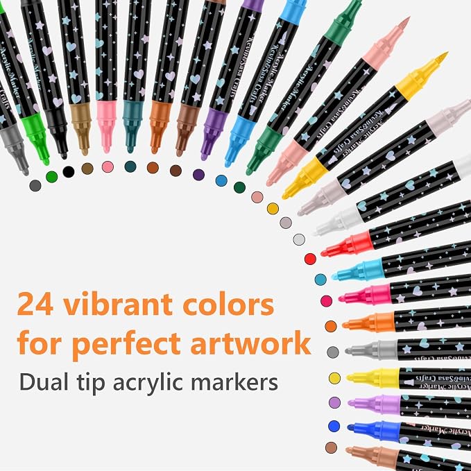 KEVIN&SASA CRAFTS 24 Colors Dual Tip Acrylic Paint Marker Pens Set