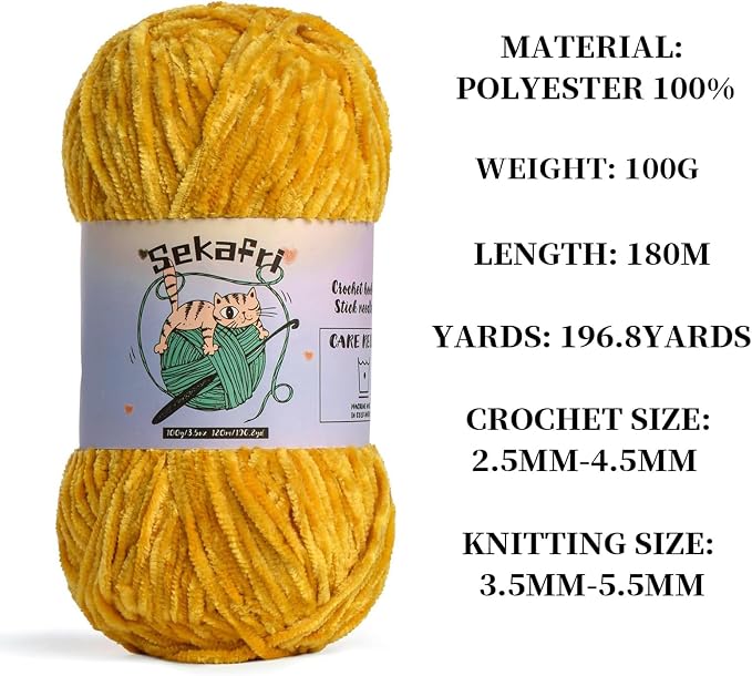 Fuzzy Chenille Yarn for Crocheting, Fluffy Amigurumi Crochet Yarn for DIY Craft/Hat/Shoes, (100 g/197 yds) Soft Velvet Baby Blanket Yarns（Turmeric）