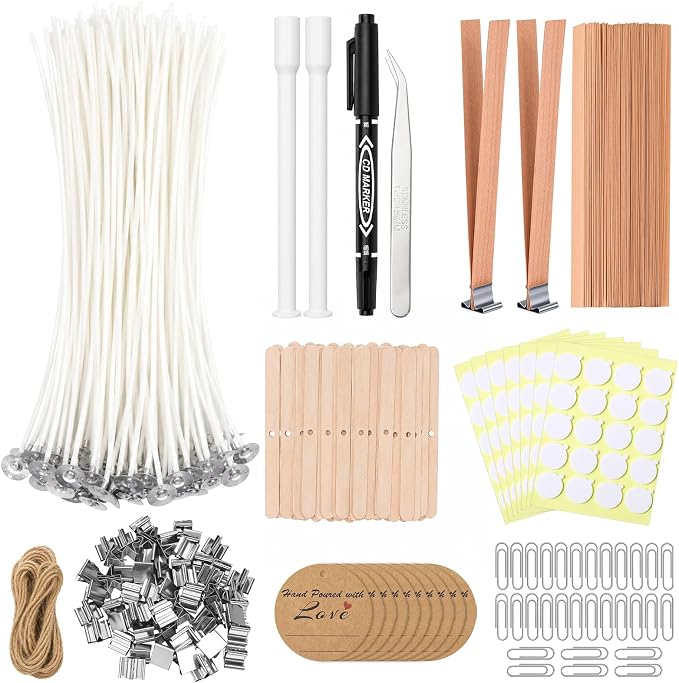 375Pcs Candle Making Kit, 8 Inch Cotton Wicks & 5 Inch Wood Wicks | Wick Holders, Candle Stickers, Tweezers, Pen, Use for DIY, Home Craft, Gift Making