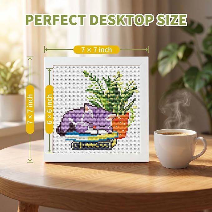 Sleepy Cat Greenery Stamped Cross Stitch Kits for Beginners with Framed | Potted Plant Needlepoint Counted Cross Stitch Kits for Adults with Framed Embroidery Kits Arts and Crafts 6 x 6 inch