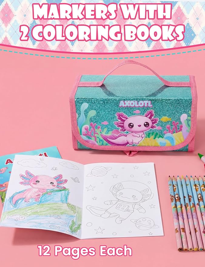 129 PCS Washable Markers Set for Kids 4-8, Axolotl Art Supplies for Kids