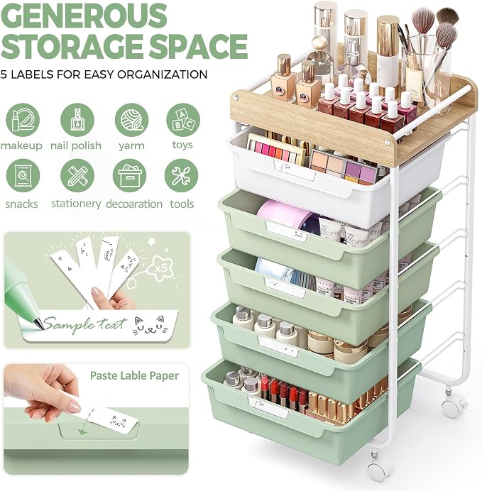 SYKIARIOL Utility Cart with Drawers,Craft Cart with 5 Drawers,Green | Art Supply Organizer,Rolling Drawer Cart,Craft Storage Cart,Storage Drawer Carts With DIY Lable and Wooden Tabletop Area