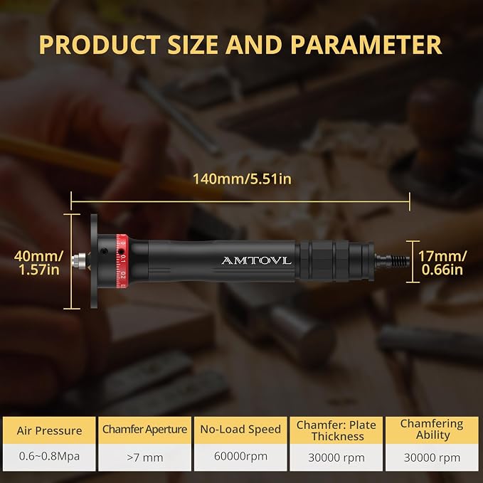 AMTOVL Pneumatic Chamfering Tool, 60,000 RPM Adjustable 0.1–0.9 mm, C-Type