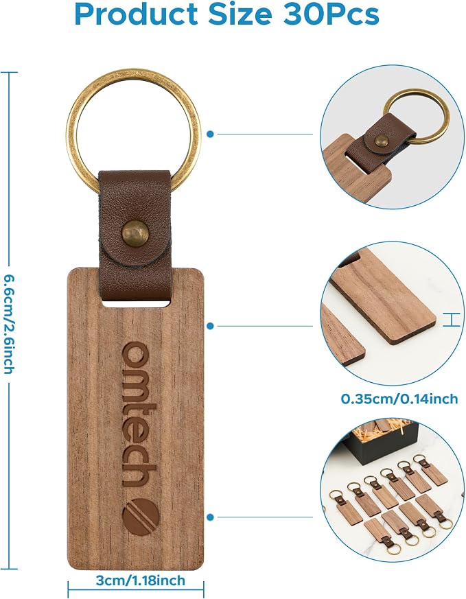 OMTech Wooden Keychain Blanks, Wood Key Chain Bulk, Unfinished Wooden Key Rings Key Tags for Laser Engraving DIY Craft Gift