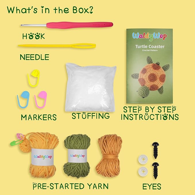 WaldyWop Crochet Kit for Beginners – Easy to Follow Tutorials, Ergonomic Hook & Tangle-Free Yarn, Complete DIY Craft Set for Teen Girls (13+) & Women, Stress Relief & Home Decor (Turtle Coaster)