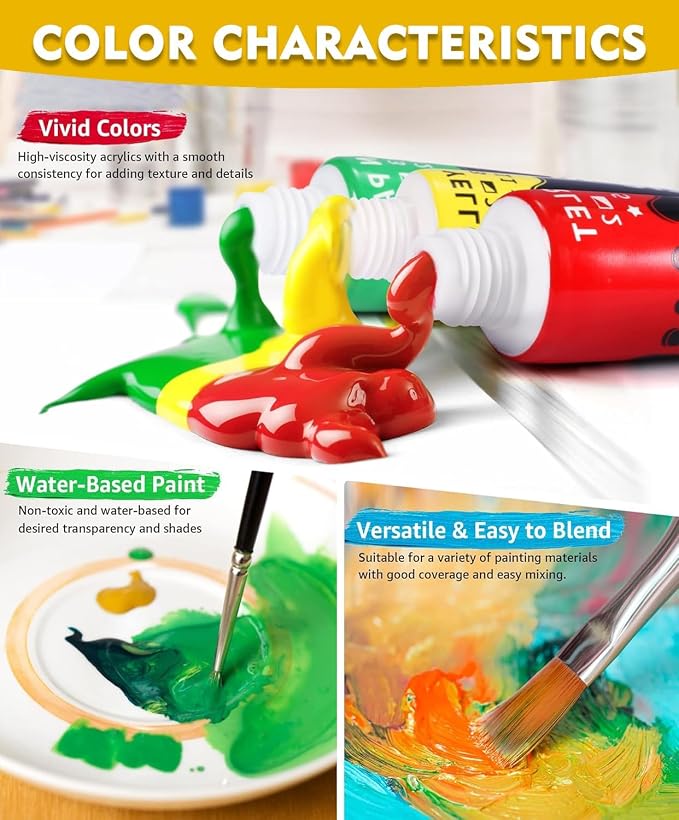 Colorful Acrylic Painting Kit, 24 Colors Paint Set with Brushes & Easel | Smooth blending, versatile art supplies for canvas painting, crafts, home project &creative gifts for beginners &artists