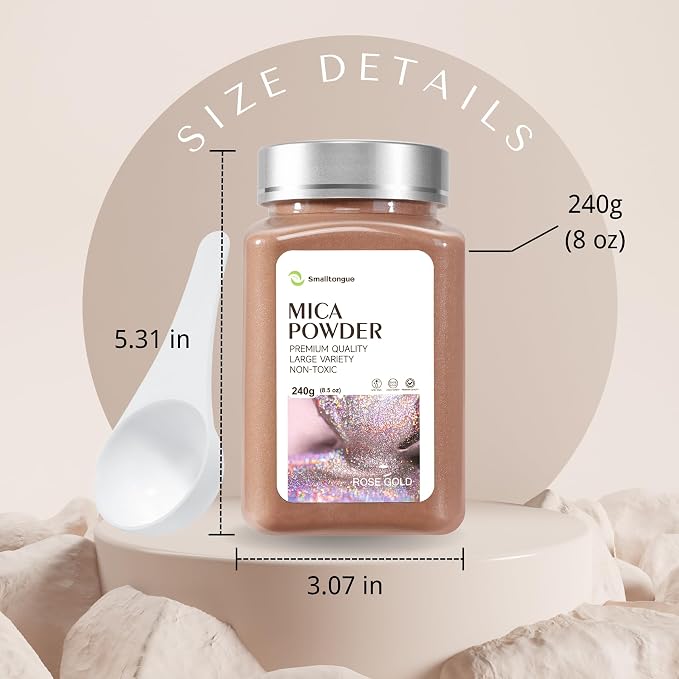 Mica Powder, Rose Gold, 240g with Scoop, Complies with ASTM D-4236 | For Epoxy Resin, Soap, Bath Bomb, Candle| Safety Material| Odorless| Brilliant Colors