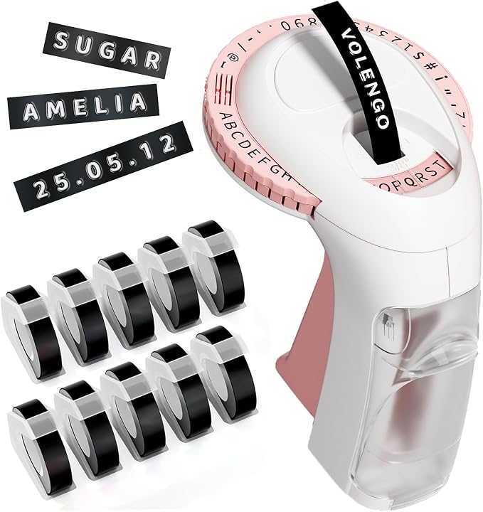Pink Embossing Label Maker, Scrapbook Junk Journal Supplies, Retro Embosser | Vintage Embossed Manual Labelmaker with 10 Rolls 3D Tapes, for Home Use DIY Crafts & Scrapbooking, VolenGo Omega S