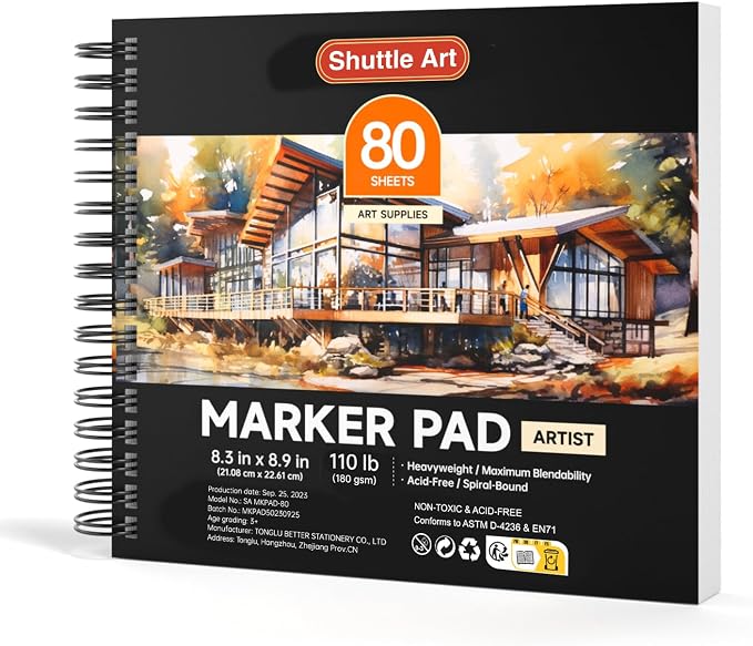Shuttle Art Marker Pad, 8.3”x8.9” Portable Square Sketchbook, 80 Sheets Marker Drawing Paper, 110LB/180GSM Bleedproof Art Paper, Spiral-Bound, Great for Professional Artist to Draw, Paint & Sketch