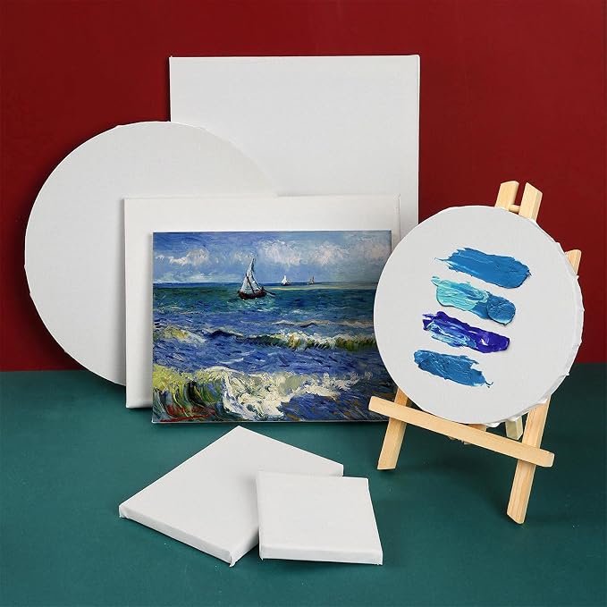 24 Pack Canvases for Painting with 4"x4", 5"x7", 8"x10", 9"x12", 11"x14", 12"x16", Round Canvas with 12"x12", 8"x8", Painting Canvas for Oil & Acrylic Paint.