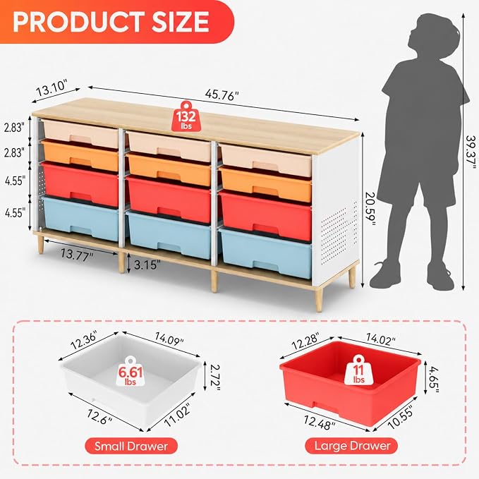 TOOLF 12 Drawers Storage Cabinet with Wooden Top and Plastic Bins,Colorful | Toy Shelf Storage Chest Cubby Organizer, for Home, Office, Playroom, Classroom & Craft Room