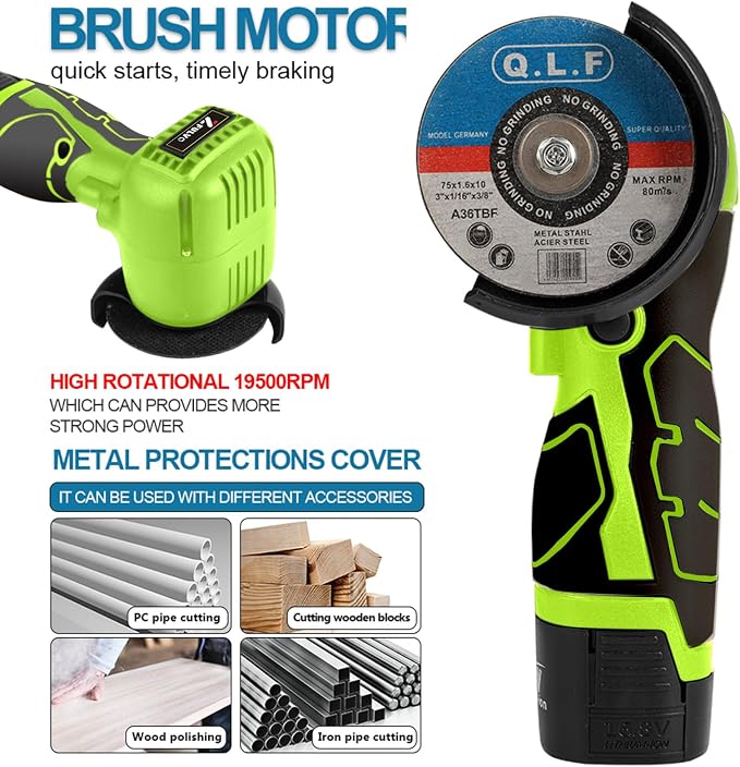ZFULVO Cordless Brush Angle Grinder Kit, 19500rpm Mini Electric Angle Grinding Tool with 2pcs 16.8V 2000mAh Batteries and 6-Cutting Discs, Grinder Handheld Cutter for Metal Wood